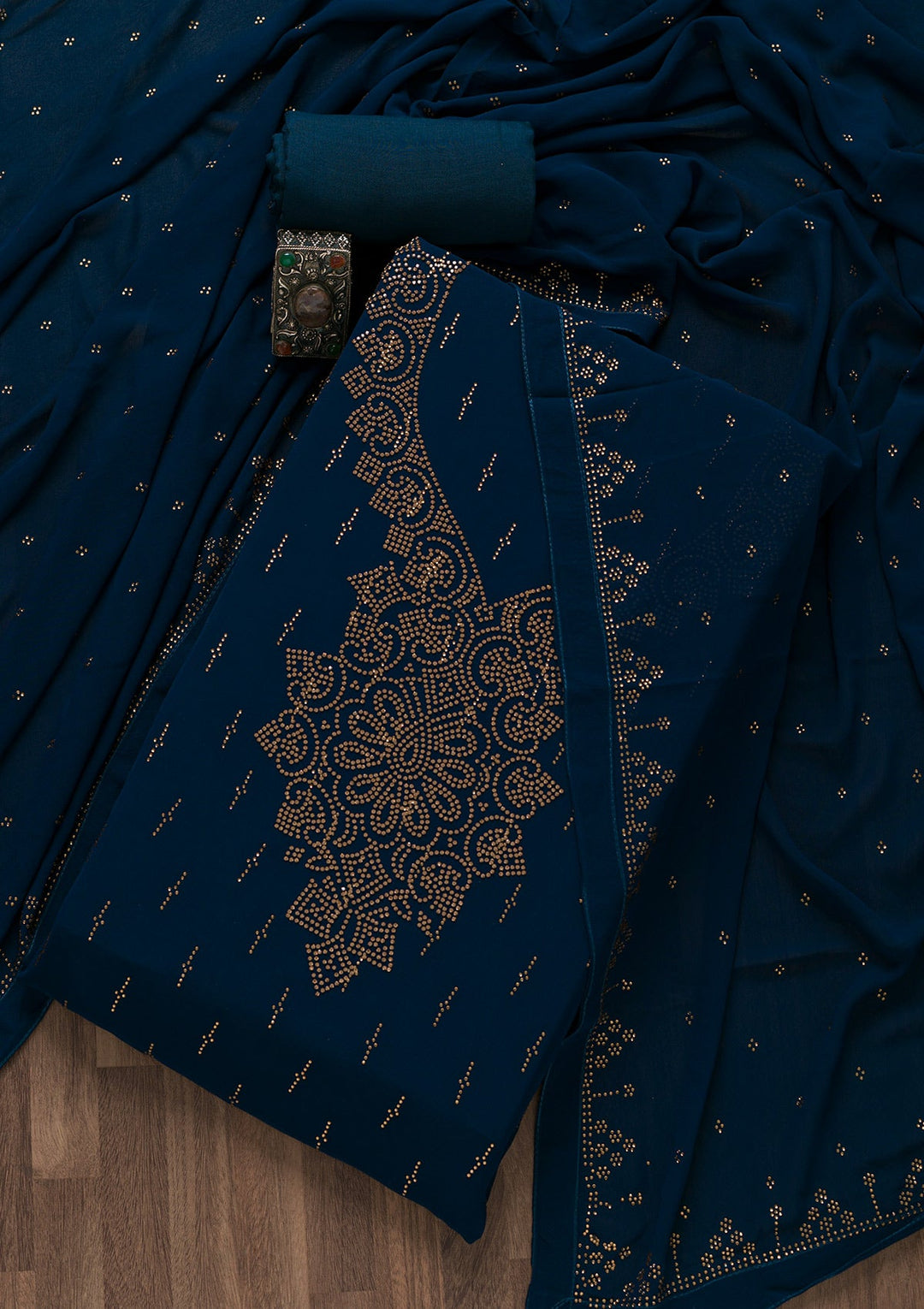 Peacock Blue Stonework Georgette Unstitched Salwar Suit-Koskii