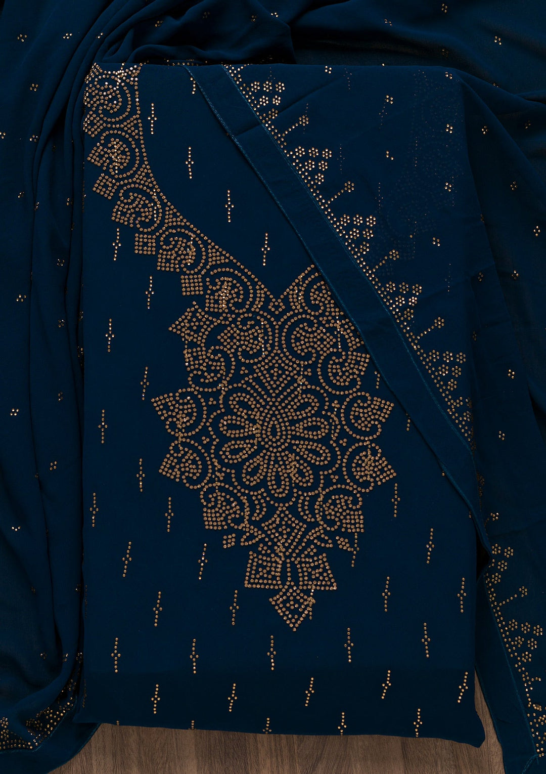 Peacock Blue Stonework Georgette Unstitched Salwar Suit-Koskii