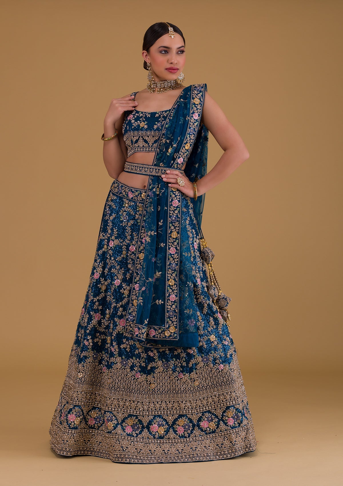 Peacock Blue Stonework Net Designer Lehenga-Koskii