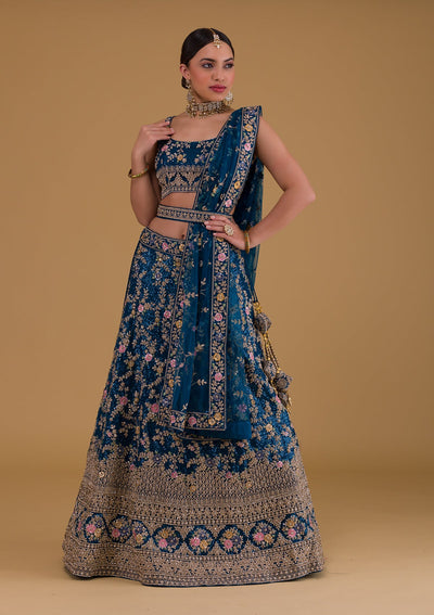 Peacock Blue Stonework Net Designer Lehenga-Koskii