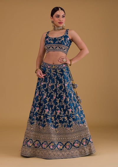 Peacock Blue Stonework Net Designer Lehenga-Koskii