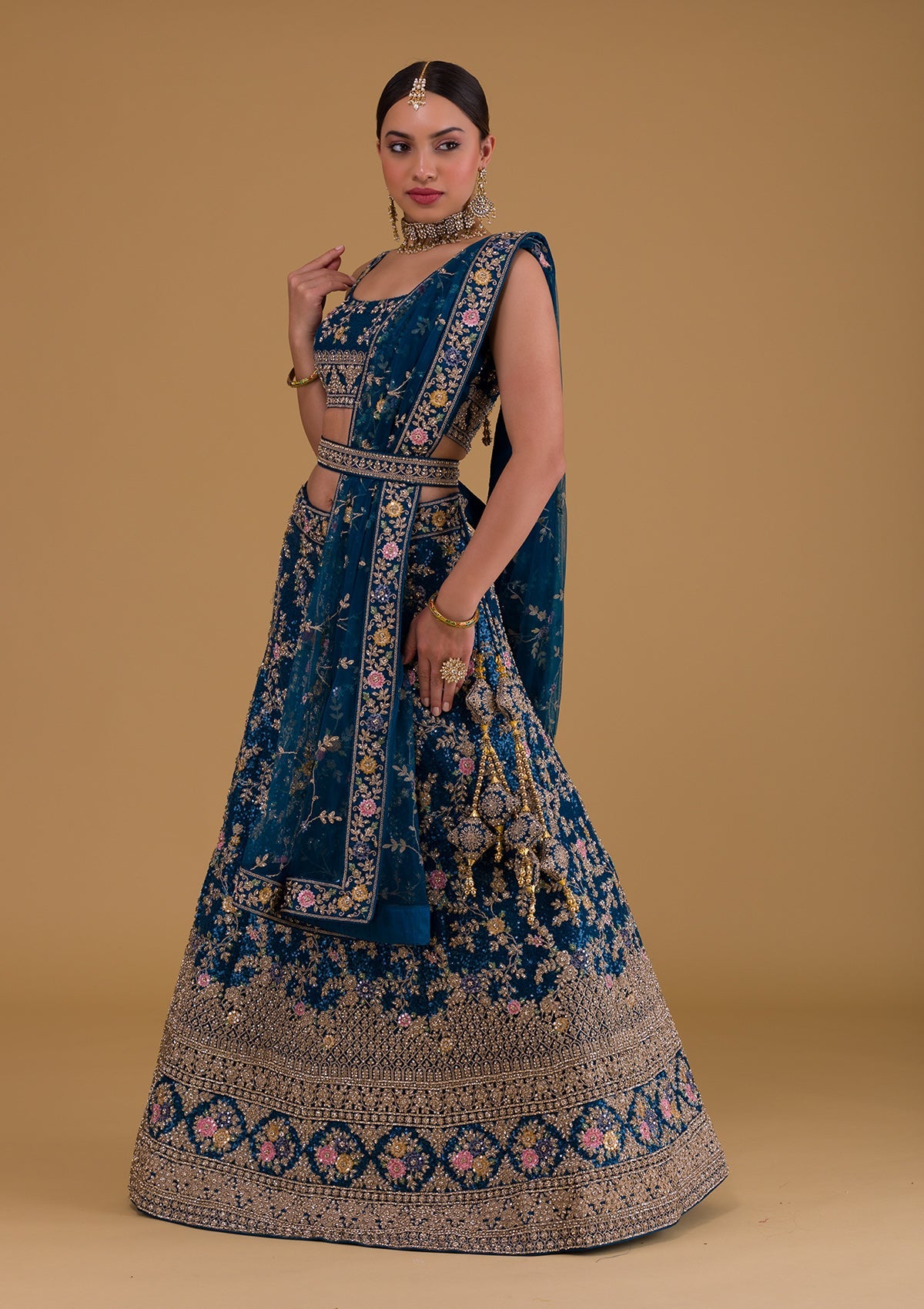 Peacock Blue Stonework Net Designer Lehenga-Koskii