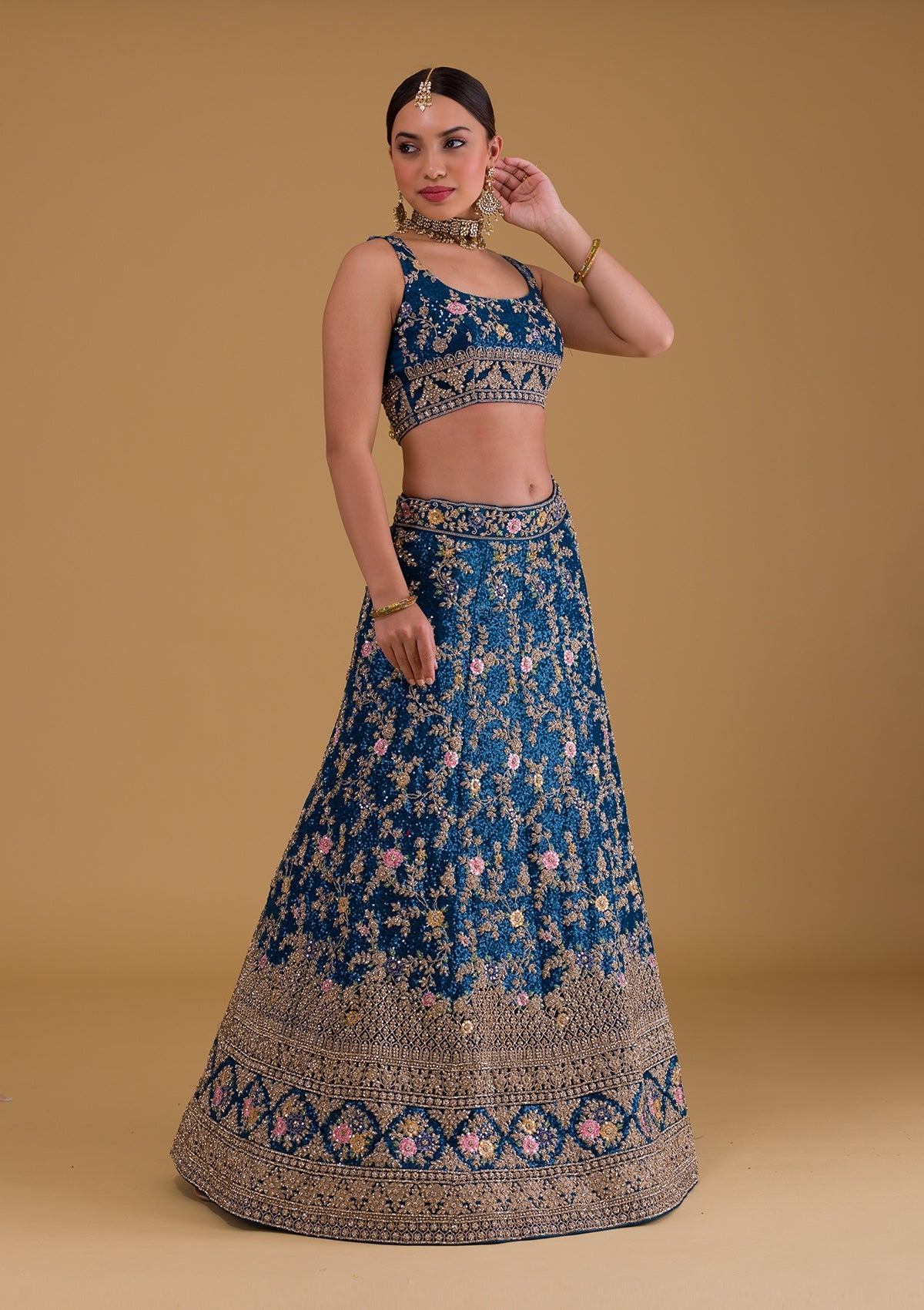 Peacock Blue Stonework Net Designer Lehenga-Koskii