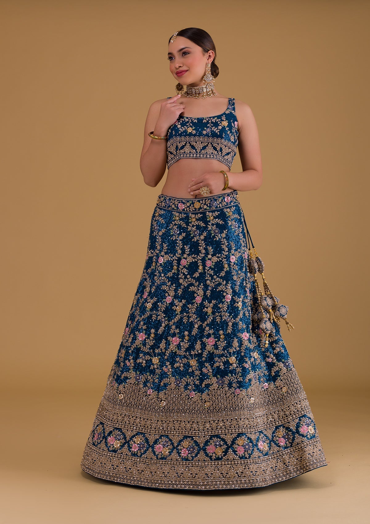 Peacock Blue Stonework Net Designer Lehenga-Koskii