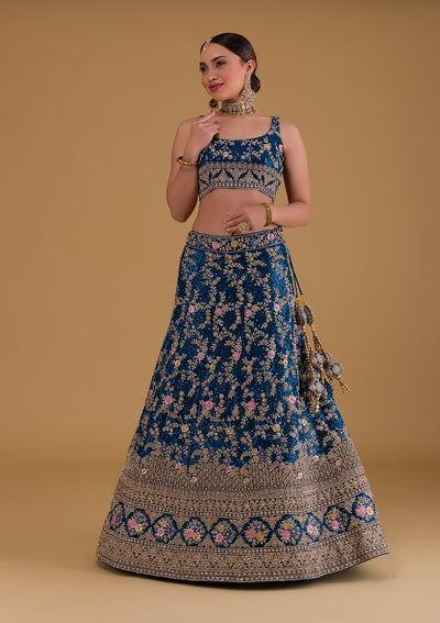 Peacock Blue Stonework Net Designer Lehenga-Koskii