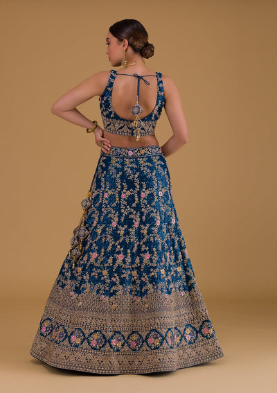 Peacock Blue Stonework Net Designer Lehenga-Koskii