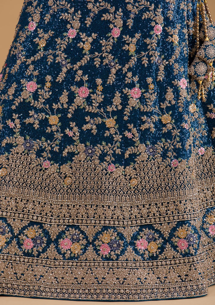 Peacock Blue Stonework Net Designer Lehenga-Koskii