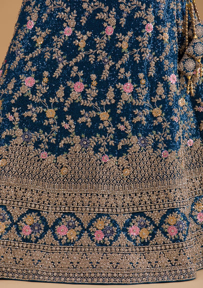 Peacock Blue Stonework Net Designer Lehenga-Koskii
