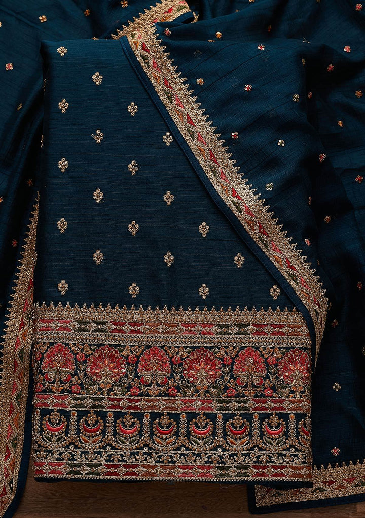 Peacock Blue Stonework Raw Silk Designer Unstitched Salwar Suit - Koskii