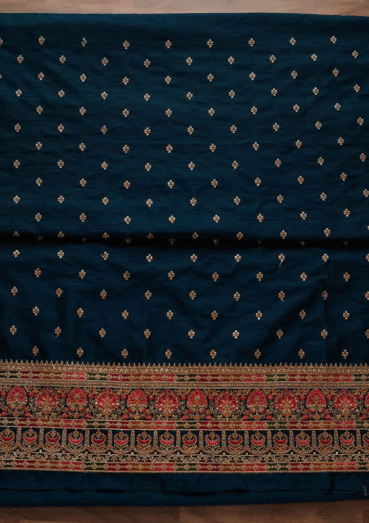 Peacock Blue Stonework Raw Silk Designer Unstitched Salwar Suit - Koskii