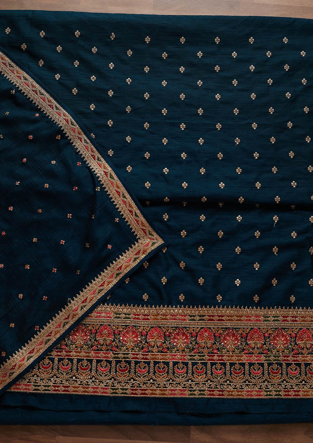 Peacock Blue Stonework Raw Silk Designer Unstitched Salwar Suit - Koskii