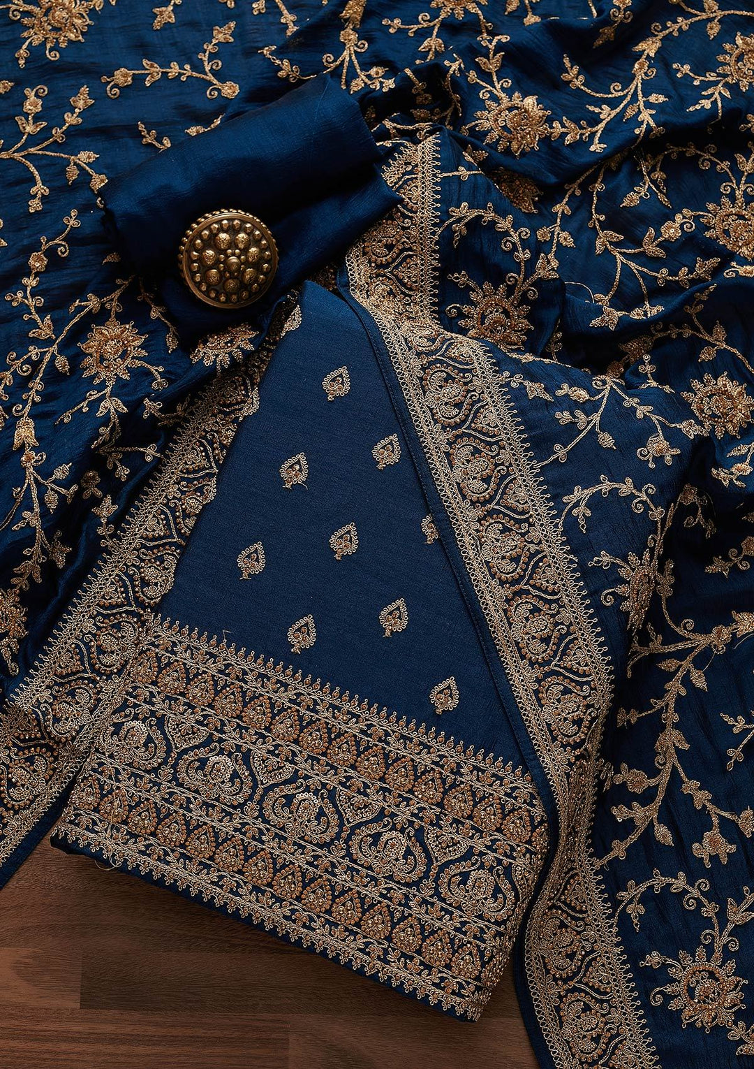 Peacock Blue Stonework Raw Silk Designer Unstitched Salwar Suit - Koskii