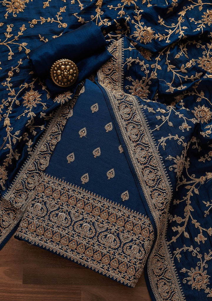 Peacock Blue Stonework Raw Silk Designer Unstitched Salwar Suit - Koskii