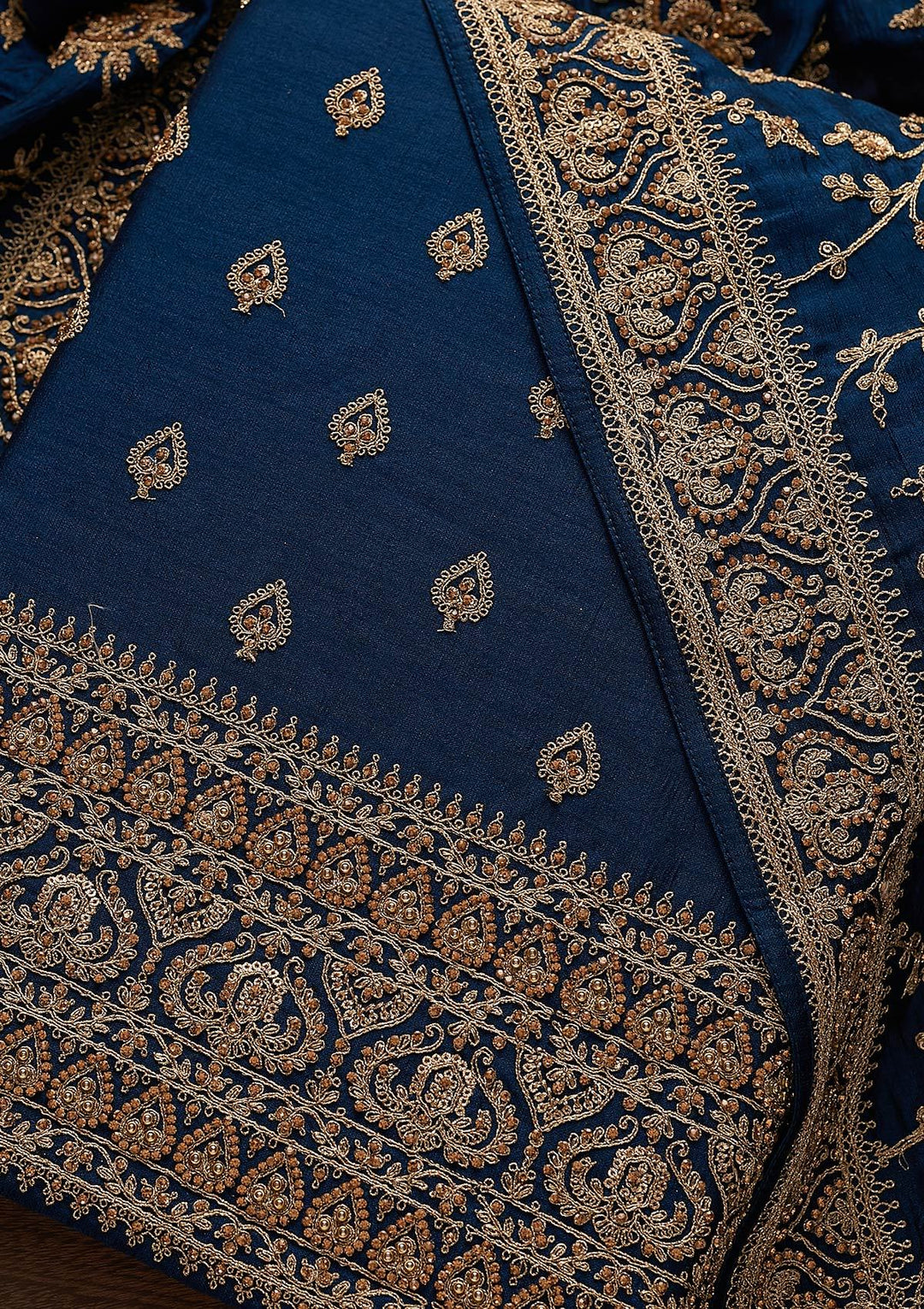 Peacock Blue Stonework Raw Silk Designer Unstitched Salwar Suit - Koskii