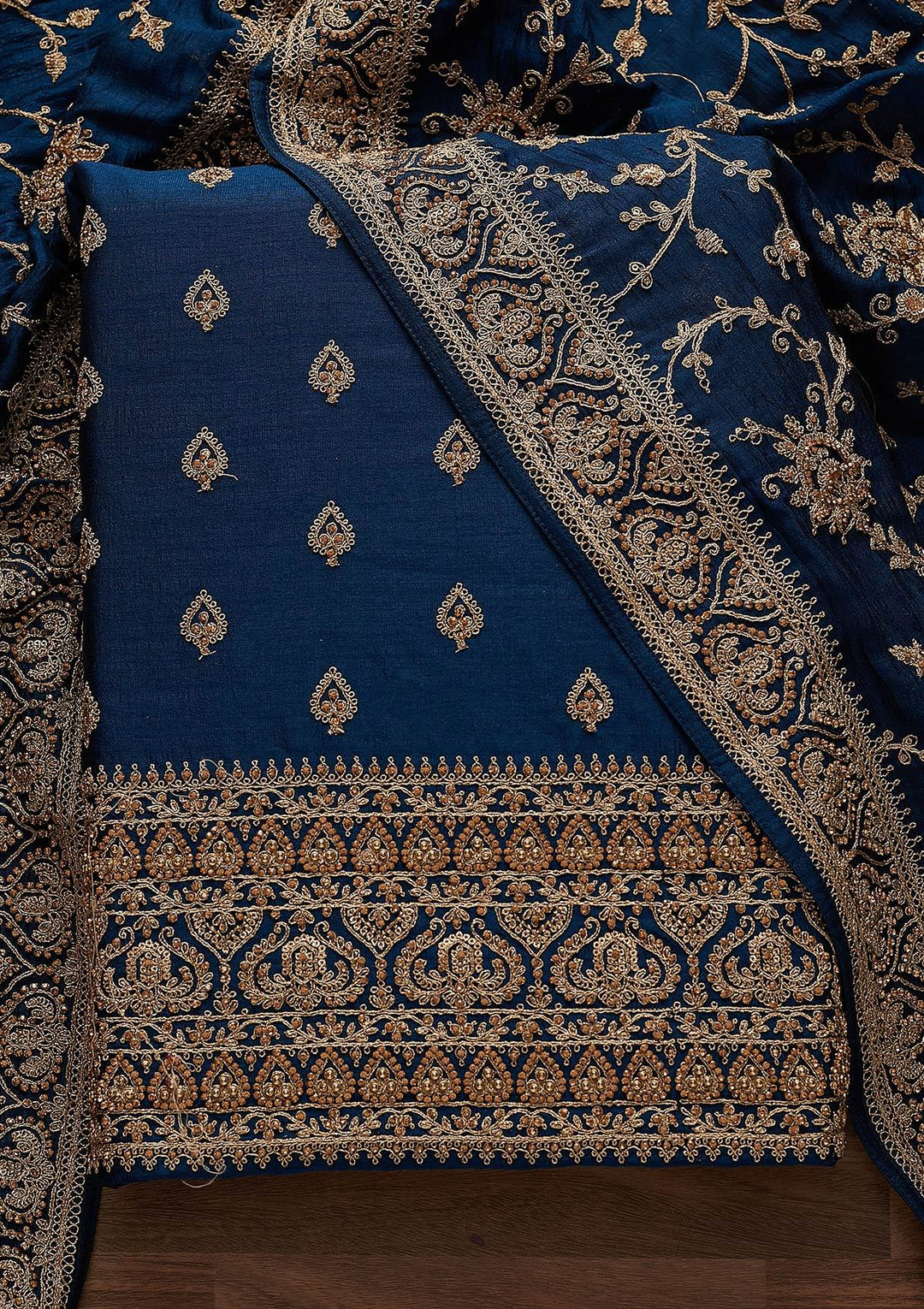 Peacock Blue Stonework Raw Silk Designer Unstitched Salwar Suit - Koskii