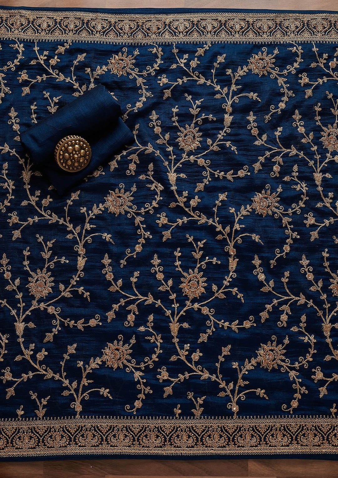 Peacock Blue Stonework Raw Silk Designer Unstitched Salwar Suit - Koskii