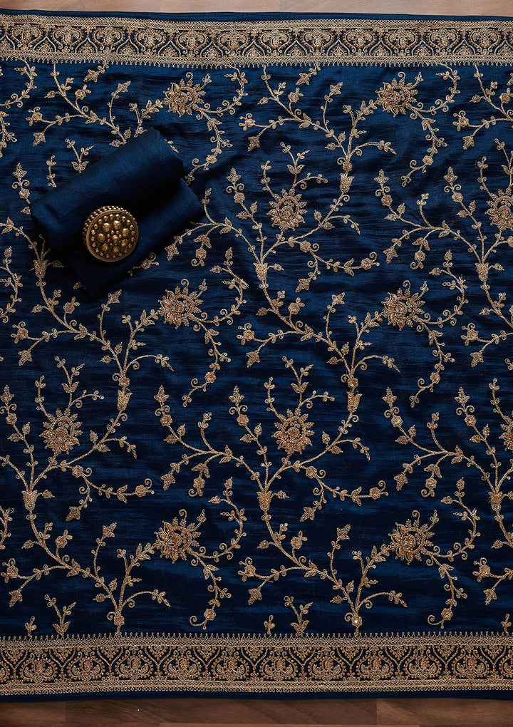 Peacock Blue Stonework Raw Silk Designer Unstitched Salwar Suit - Koskii