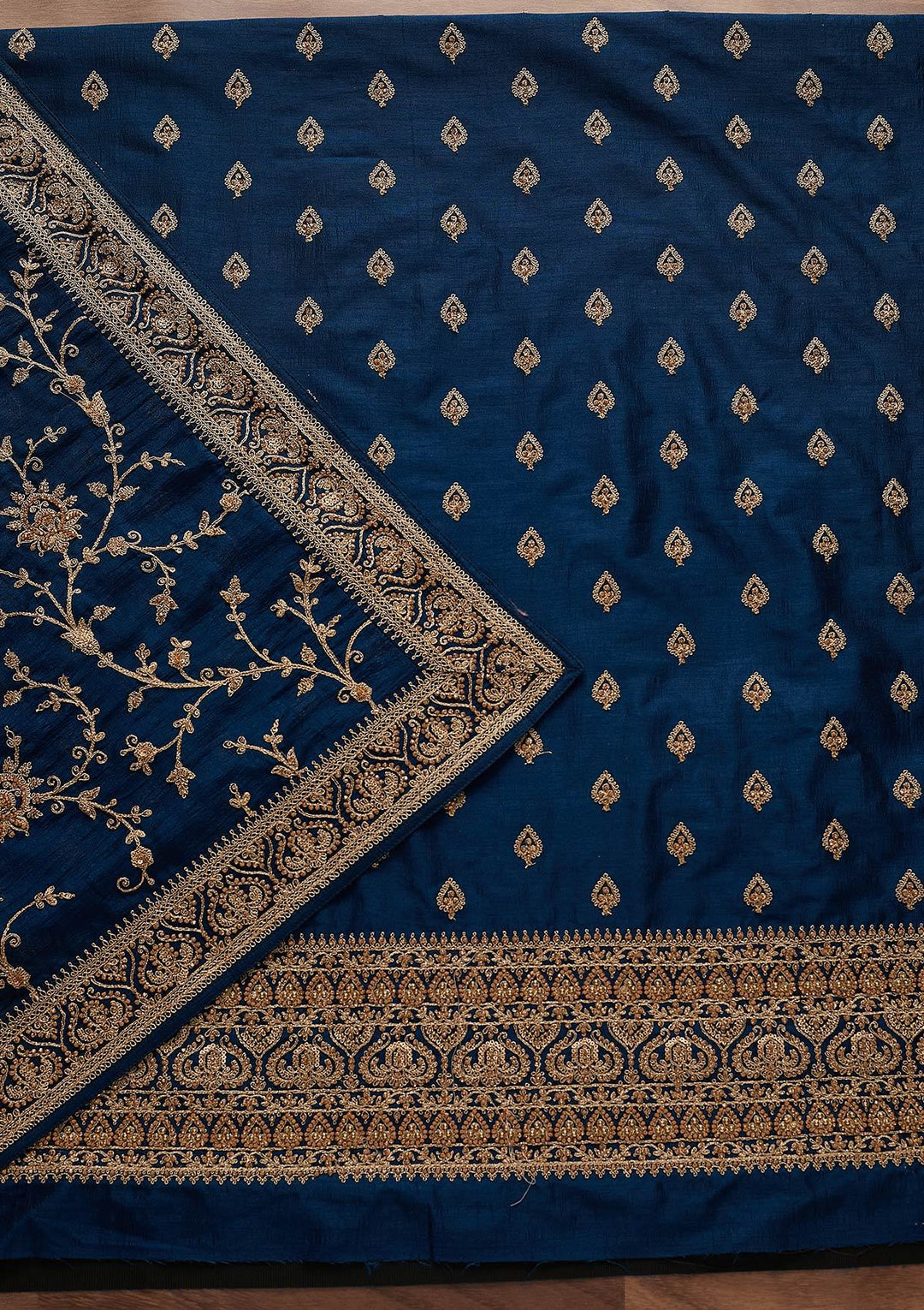 Peacock Blue Stonework Raw Silk Designer Unstitched Salwar Suit - Koskii