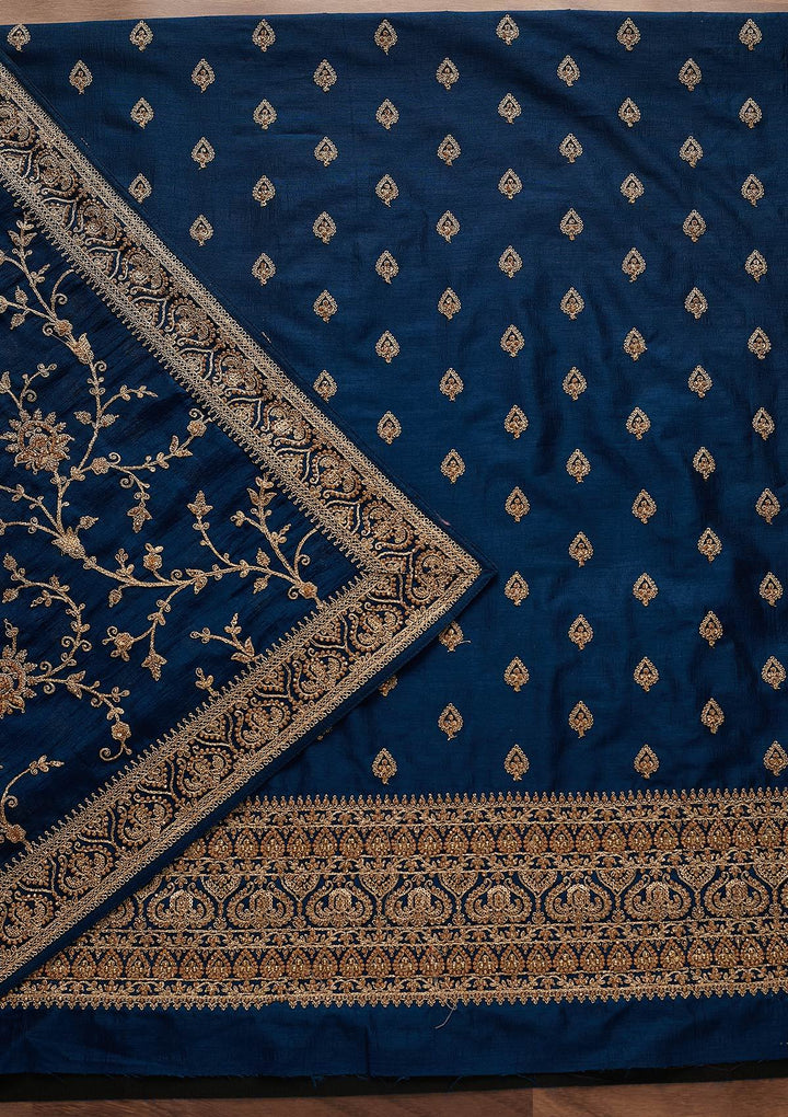 Peacock Blue Stonework Raw Silk Designer Unstitched Salwar Suit - Koskii