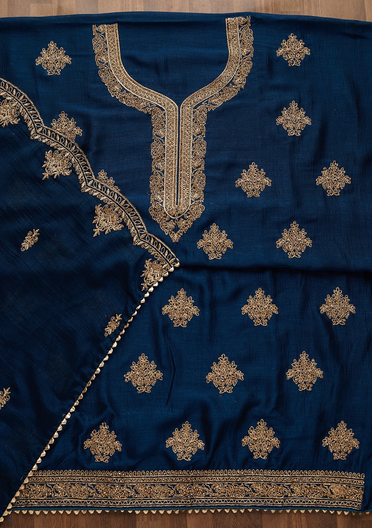 Peacock Blue Stonework Raw Silk Unstitched Salwar Suit-Koskii