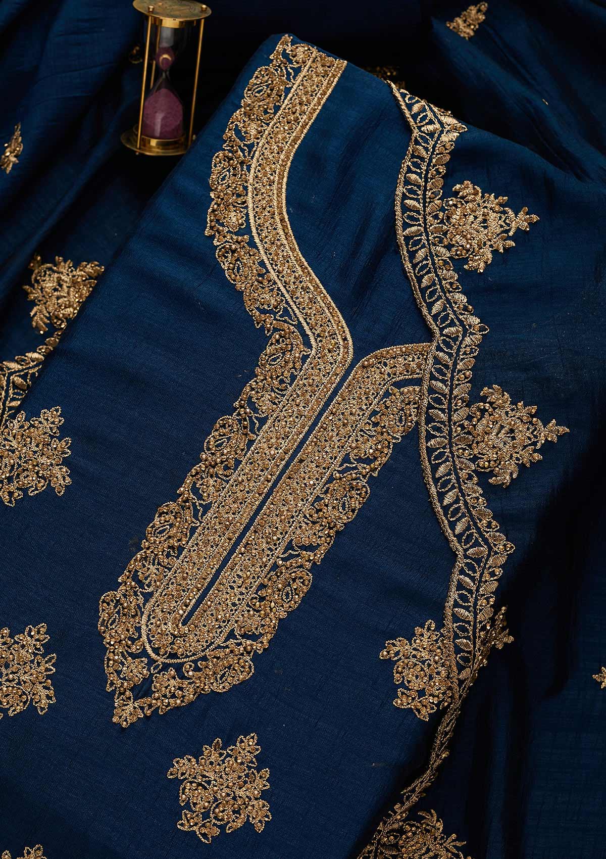 Peacock Blue Stonework Raw Silk Unstitched Salwar Suit-Koskii