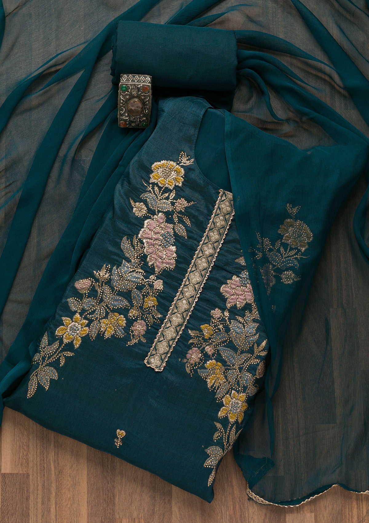 Peacock Blue Stonework Raw Silk Unstitched Salwar Suit-Koskii