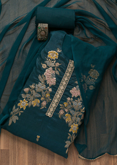 Peacock Blue Stonework Raw Silk Unstitched Salwar Suit-Koskii