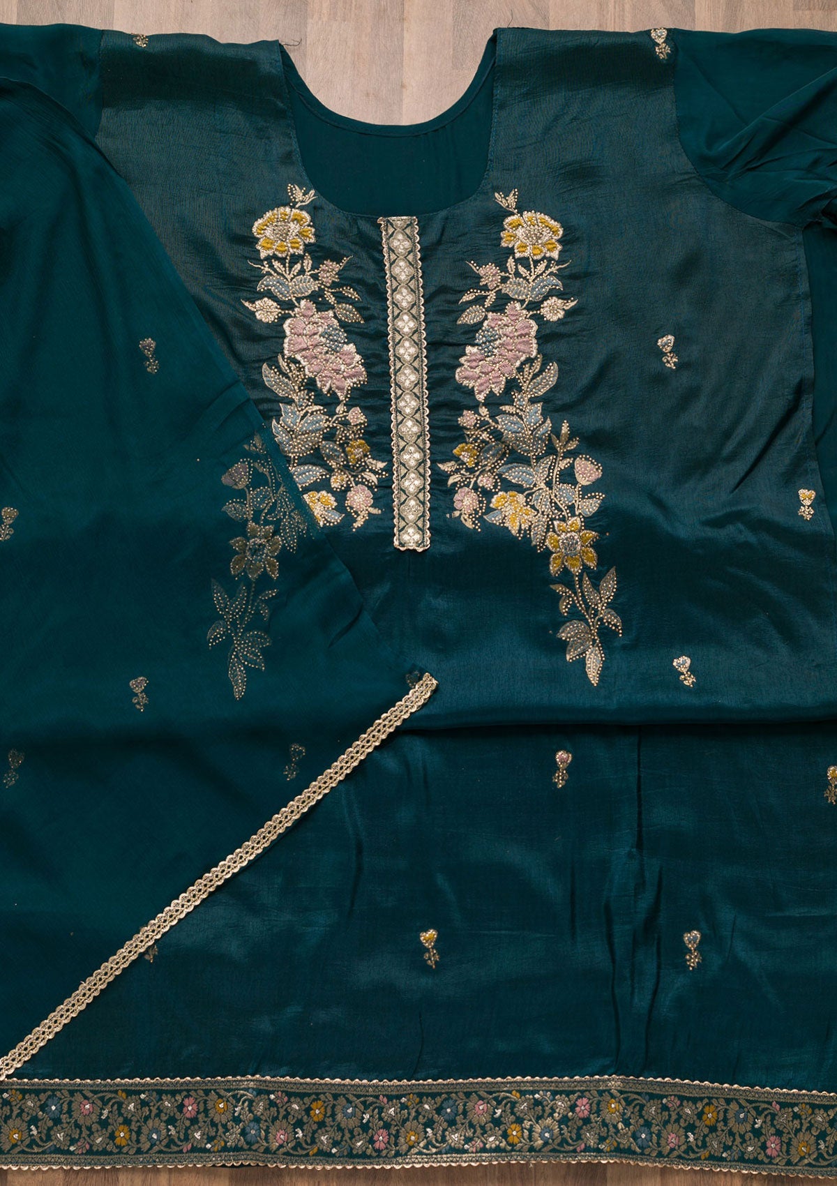 Peacock Blue Stonework Raw Silk Unstitched Salwar Suit-Koskii