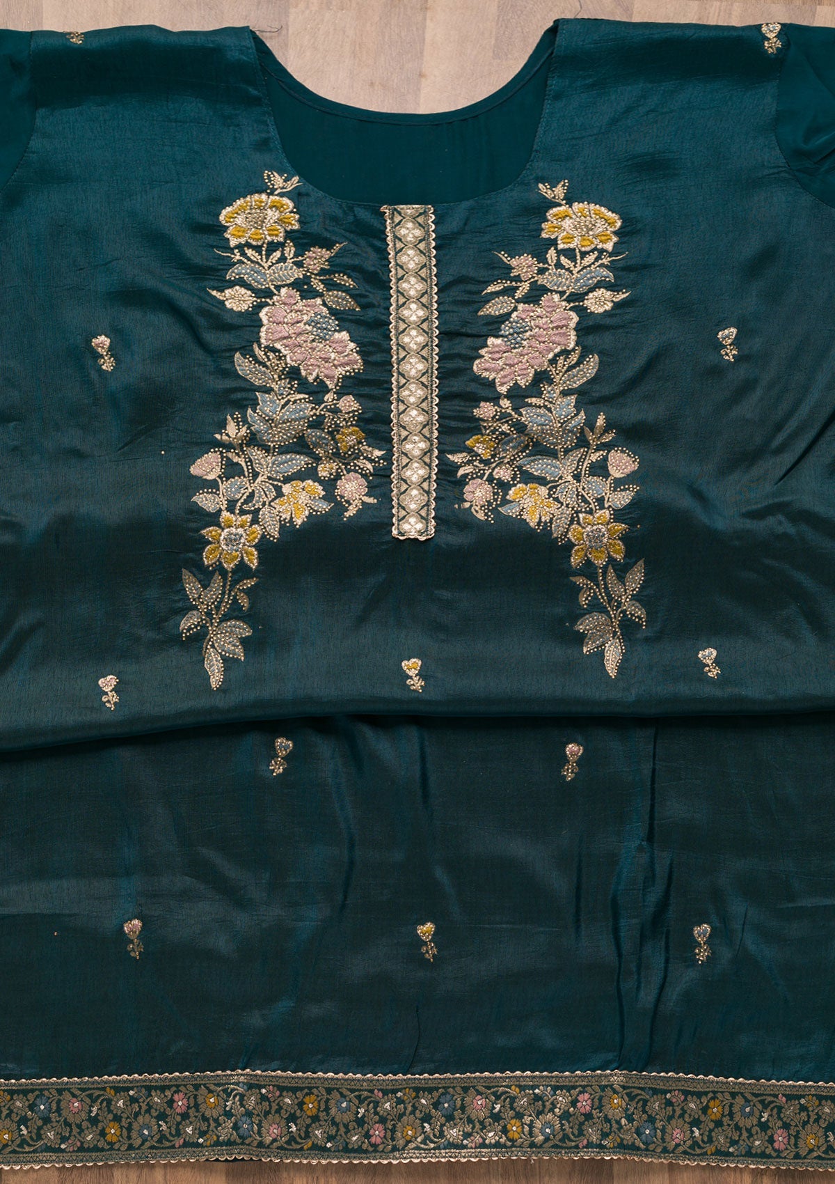 Peacock Blue Stonework Raw Silk Unstitched Salwar Suit-Koskii