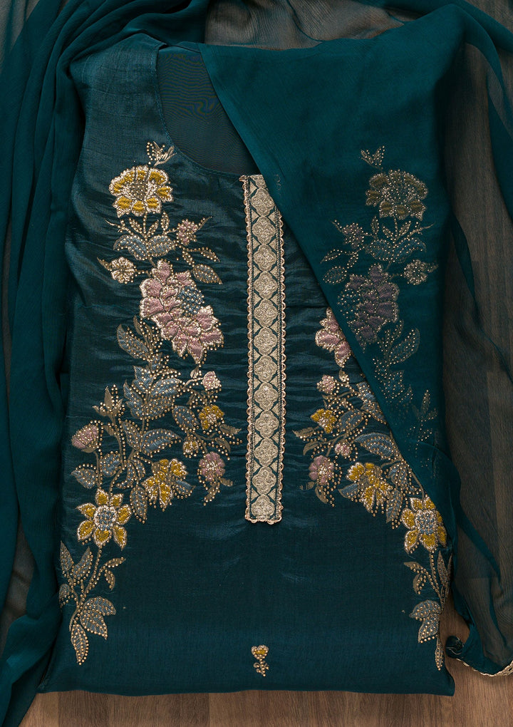 Peacock Blue Stonework Raw Silk Unstitched Salwar Suit-Koskii