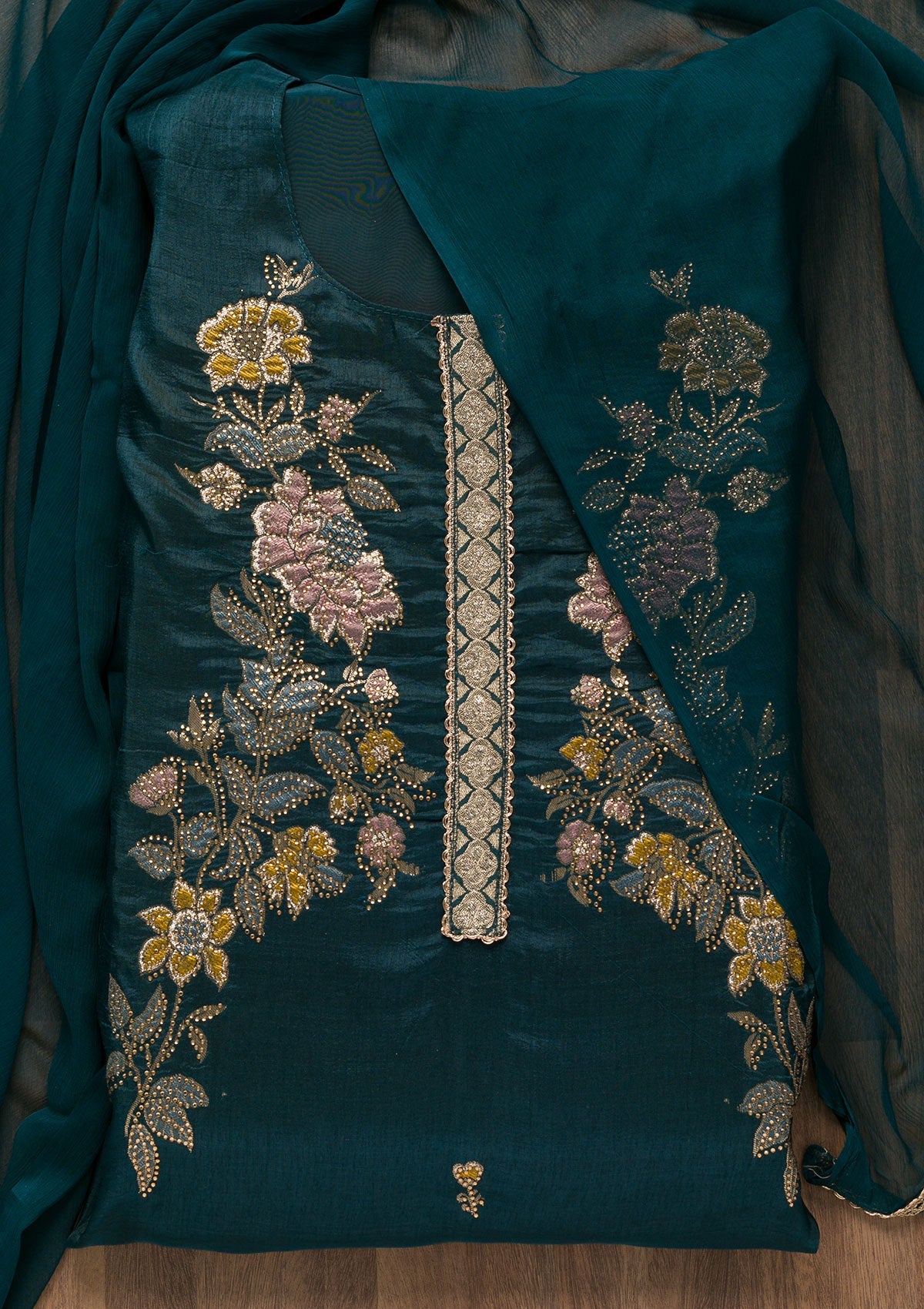 Peacock Blue Stonework Raw Silk Unstitched Salwar Suit-Koskii