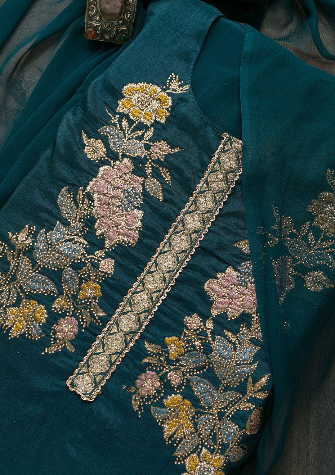 Peacock Blue Stonework Raw Silk Unstitched Salwar Suit-Koskii