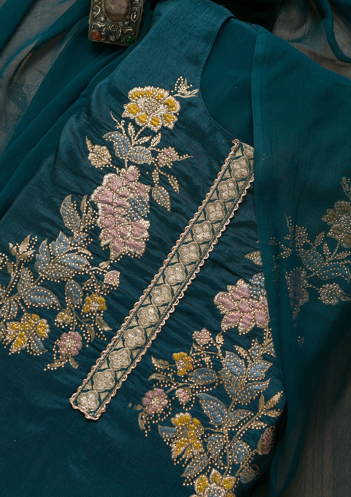 Peacock Blue Stonework Raw Silk Unstitched Salwar Suit-Koskii
