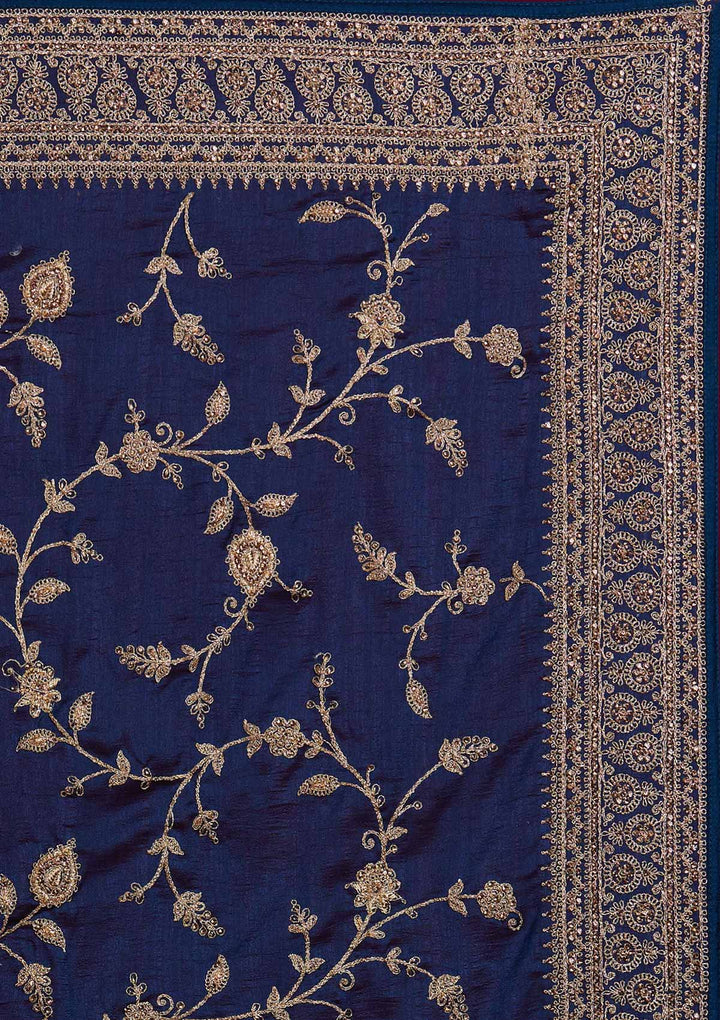 Peacock Blue Stonework Raw Silk Designer Saree - Koskii