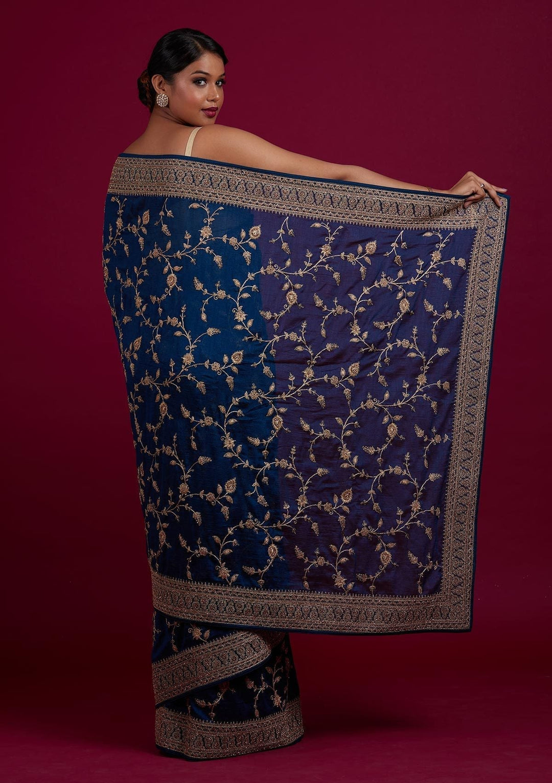 Peacock Blue Stonework Raw Silk Designer Saree - Koskii