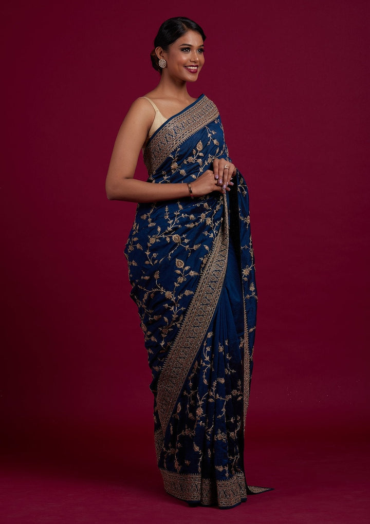 Peacock Blue Stonework Raw Silk Designer Saree - Koskii