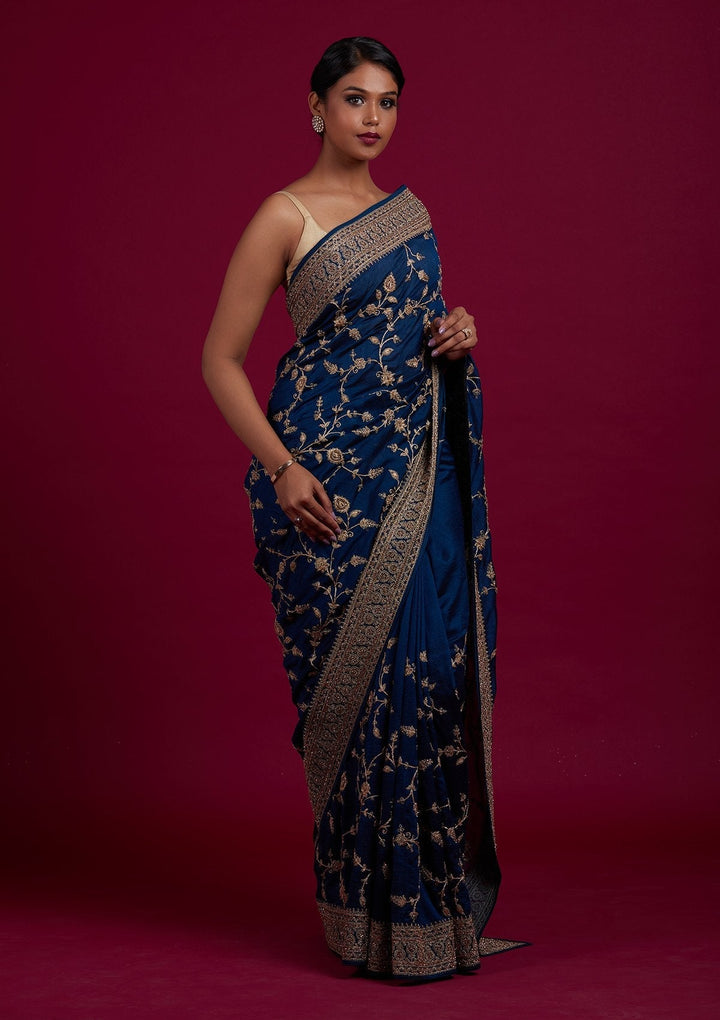 Peacock Blue Stonework Raw Silk Designer Saree - Koskii