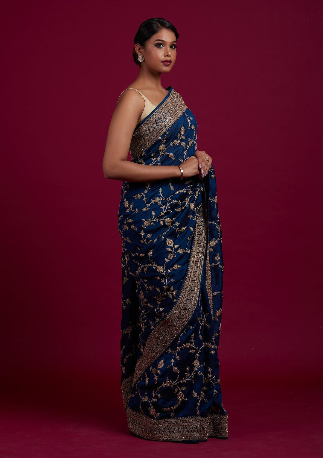 Peacock Blue Stonework Raw Silk Designer Saree - Koskii