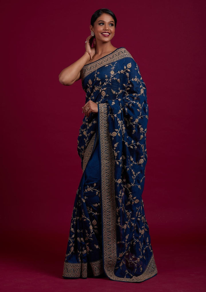 Peacock Blue Stonework Raw Silk Designer Saree - Koskii