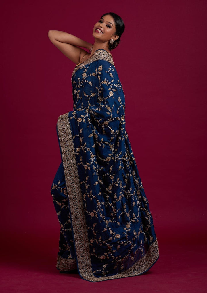 Peacock Blue Stonework Raw Silk Designer Saree - Koskii