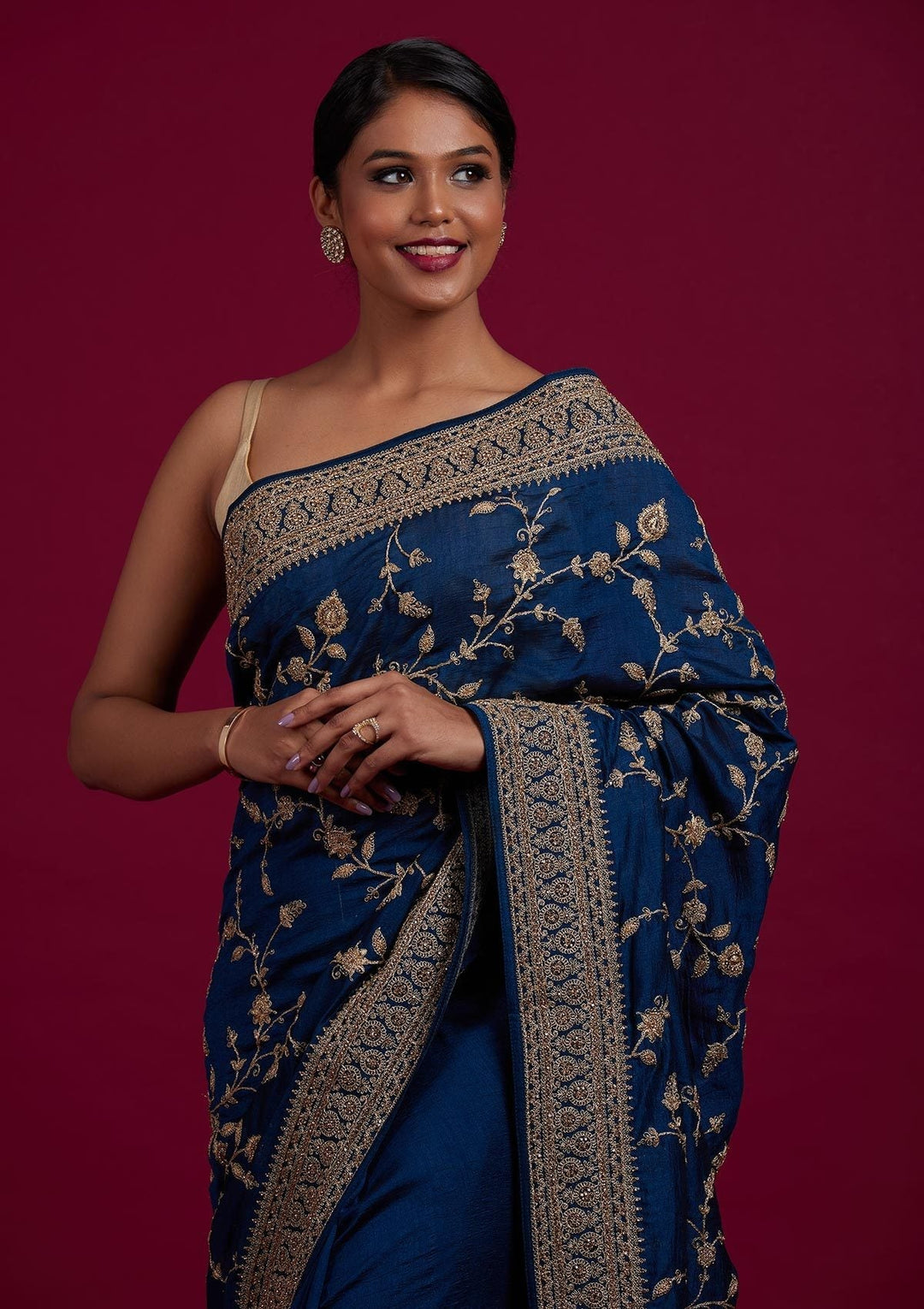 Peacock Blue Stonework Raw Silk Designer Saree - Koskii