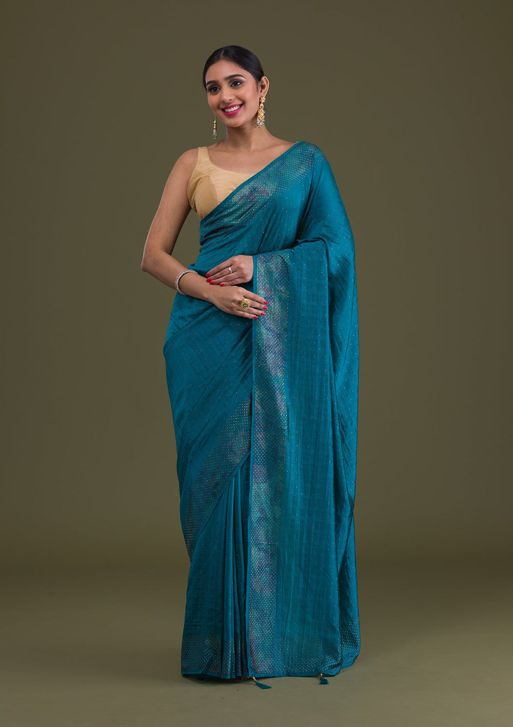 Peacock Blue Stonework Raw Silk Saree-Koskii