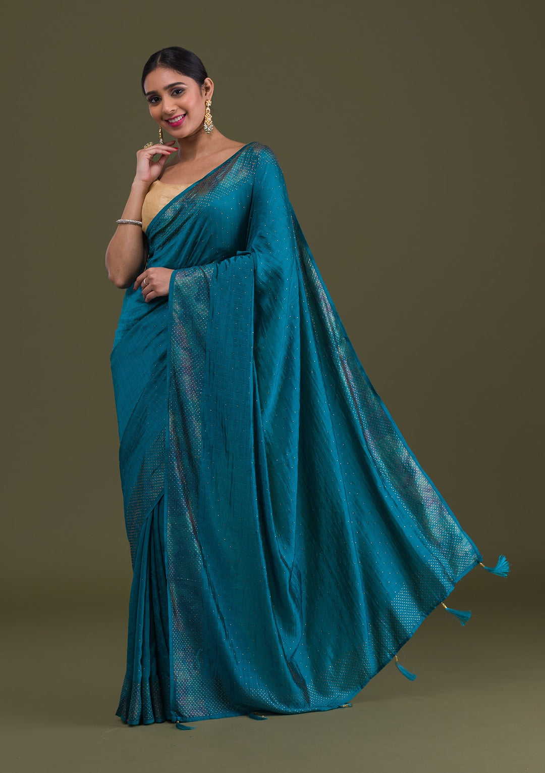 Peacock Blue Stonework Raw Silk Saree-Koskii