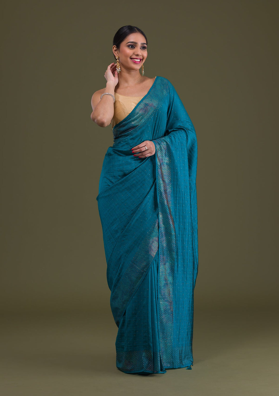 Peacock Blue Stonework Raw Silk Saree-Koskii