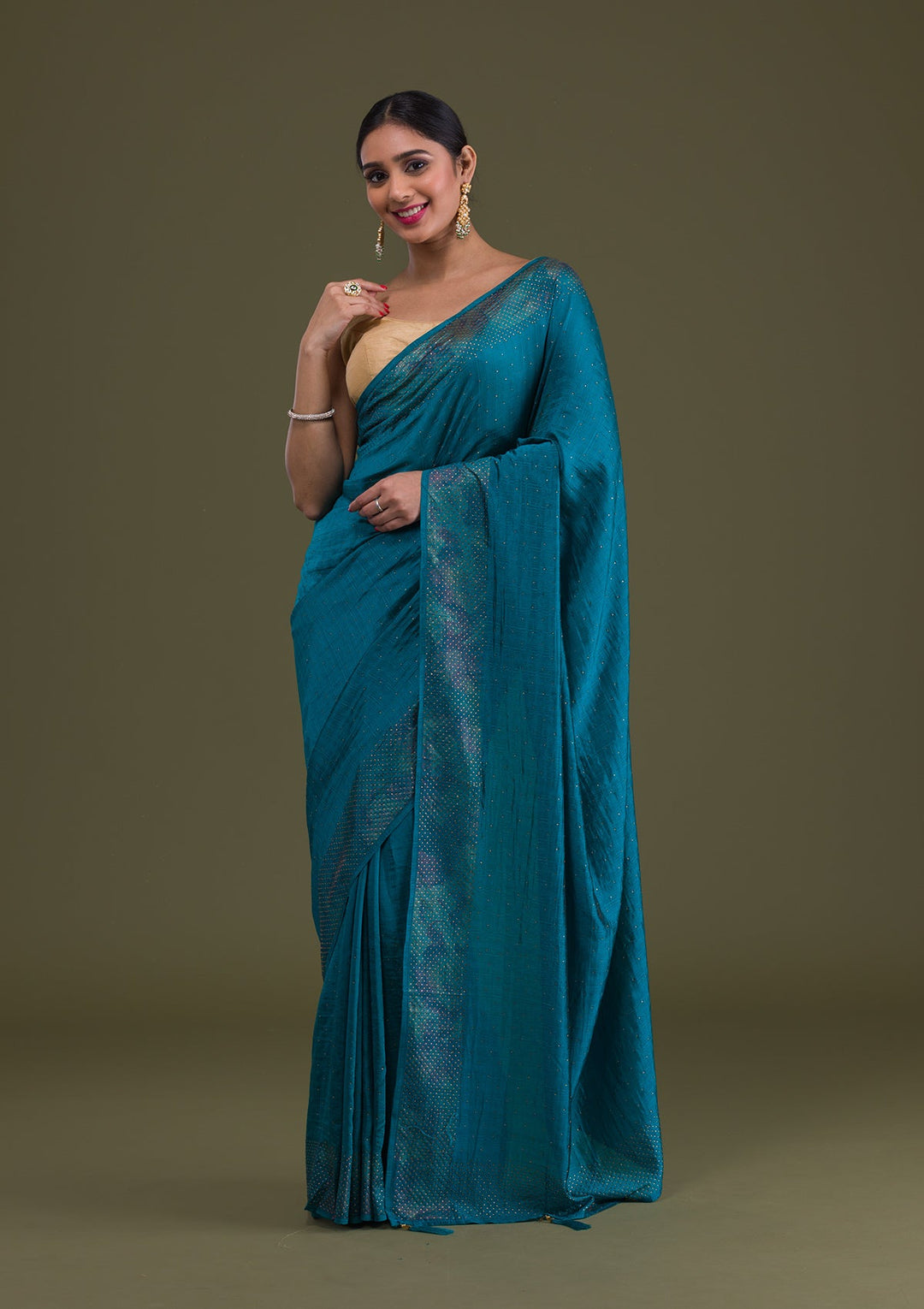 Peacock Blue Stonework Raw Silk Saree-Koskii