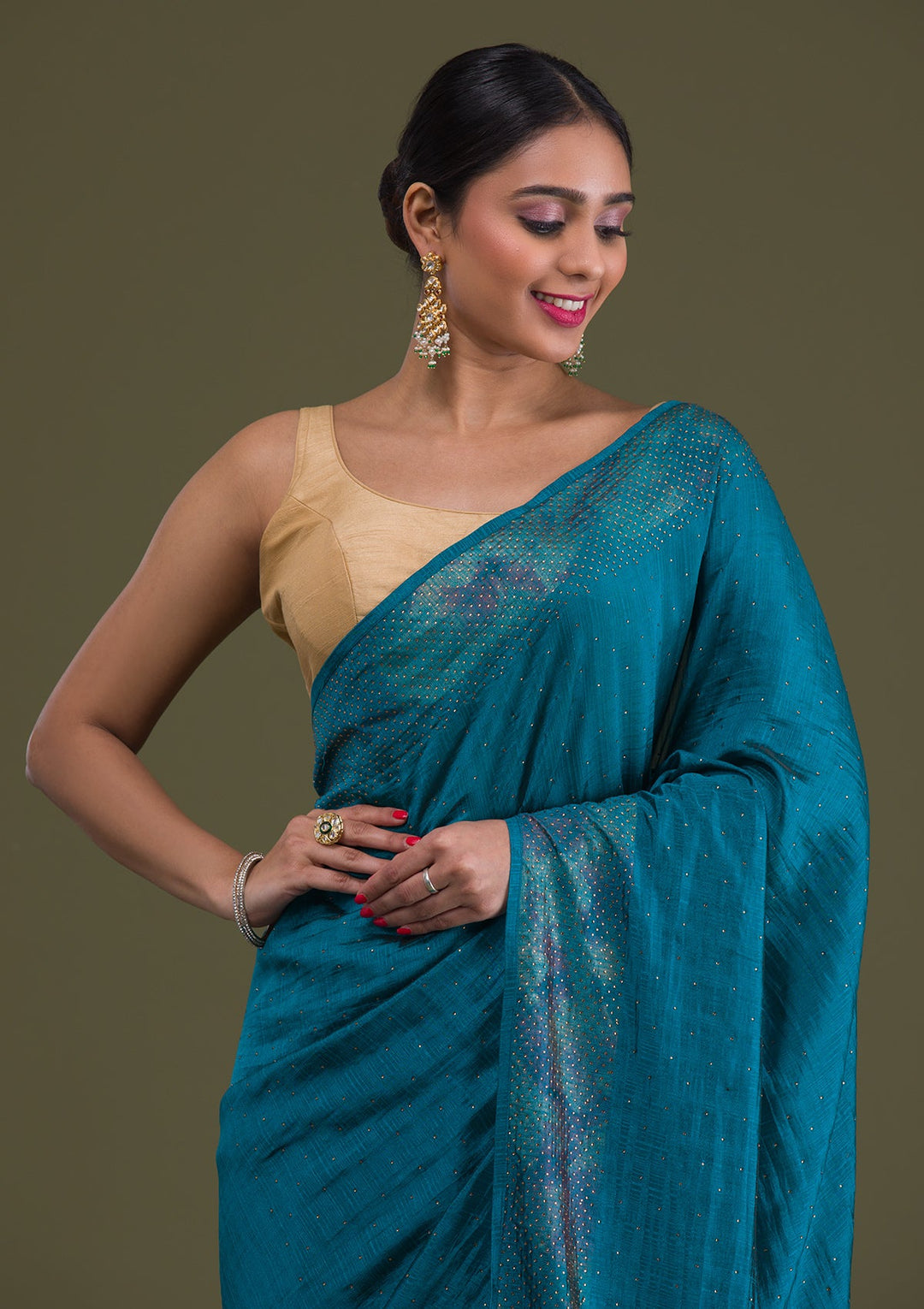 Peacock Blue Stonework Raw Silk Saree-Koskii