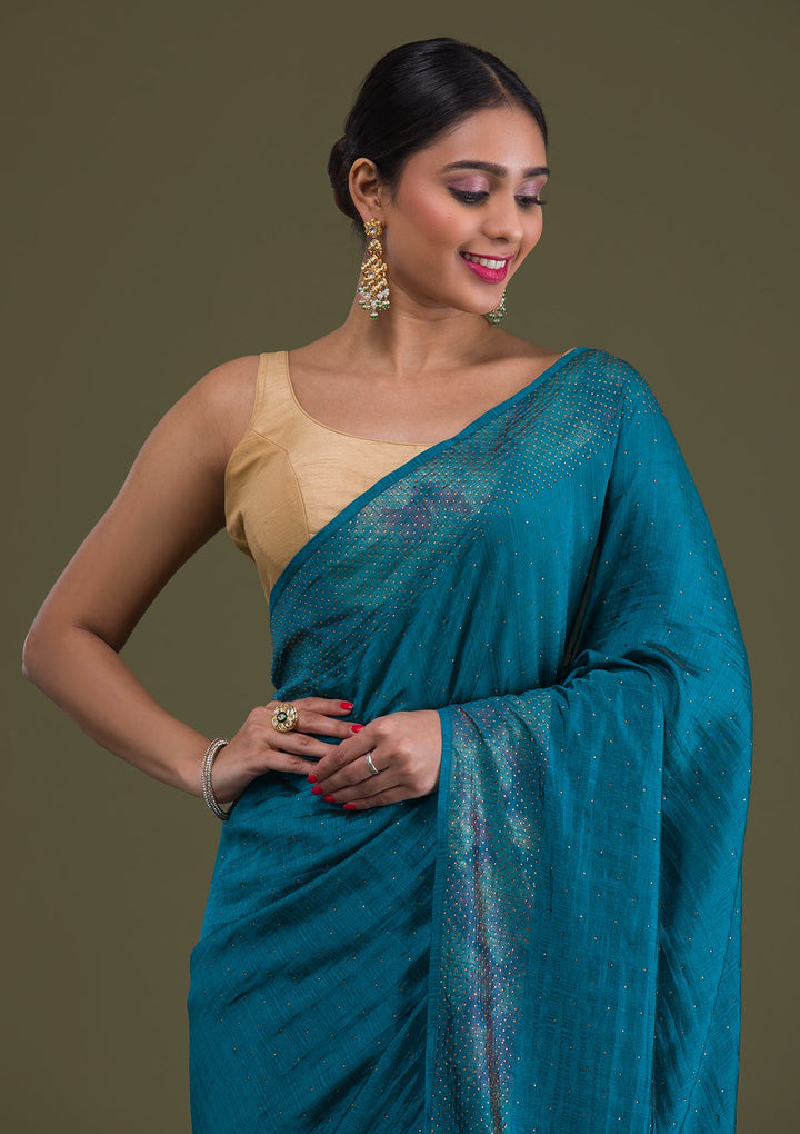 Peacock Blue Stonework Raw Silk Saree-Koskii