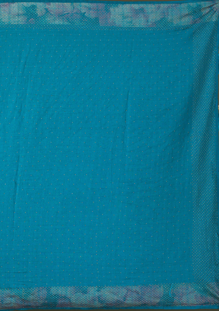 Peacock Blue Stonework Raw Silk Saree-Koskii