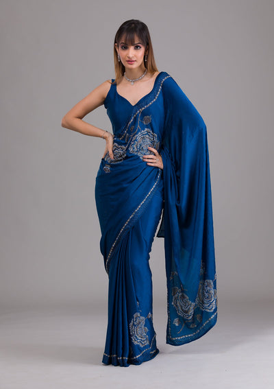 Peacock Blue Stonework Satin Saree-Koskii