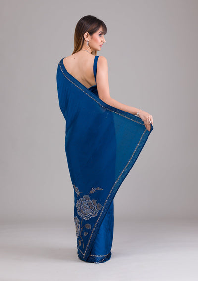 Peacock Blue Stonework Satin Saree-Koskii